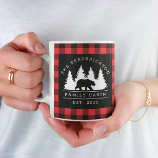 Personalised Buffalo Plaid Bear Forest Cabin Coffee Mug