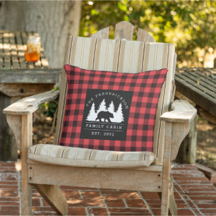 Personalised Buffalo Plaid Bear Forest Cabin  Cushion