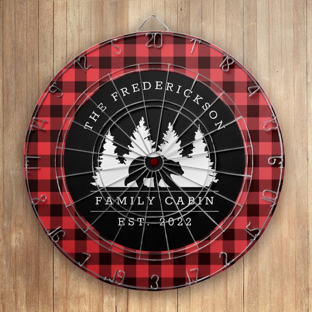 Personalised Buffalo Plaid Bear Forest Cabin Dartboard (Creator Uploaded)