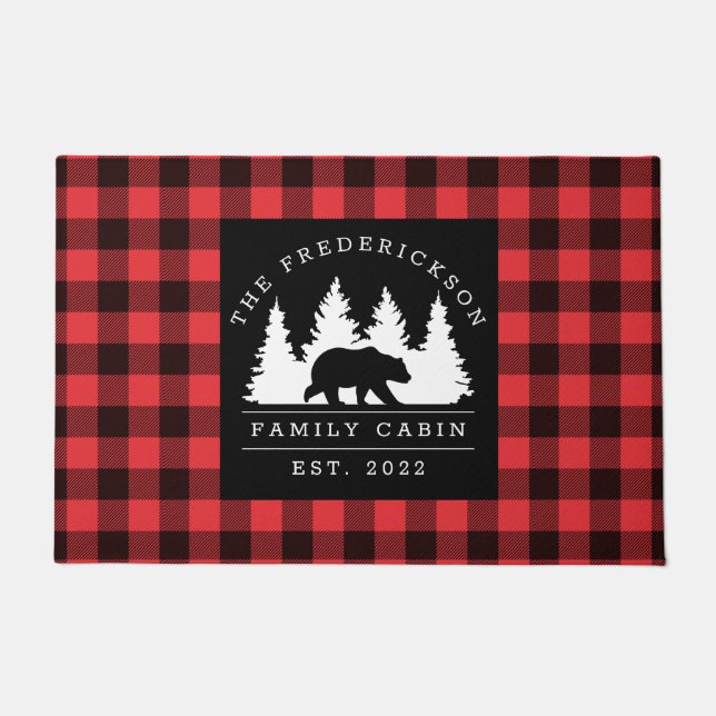 Personalised Buffalo Plaid Bear Forest Cabin Doormat (Front)