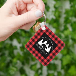 Personalised Buffalo Plaid Bear Forest Cabin Key Ring