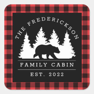 Personalised Buffalo Plaid Bear Forest Cabin Square Sticker