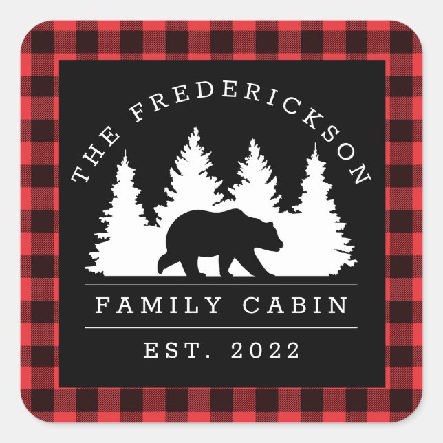 Personalised Buffalo Plaid Bear Forest Cabin Square Sticker (Front)