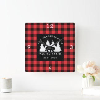 Personalised Buffalo Plaid Bear Forest Cabin Square Wall Clock