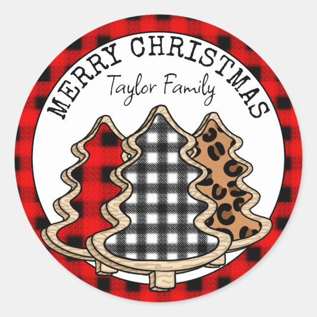 Personalised Buffalo Plaid Christmas Classic Round Sticker (Front)