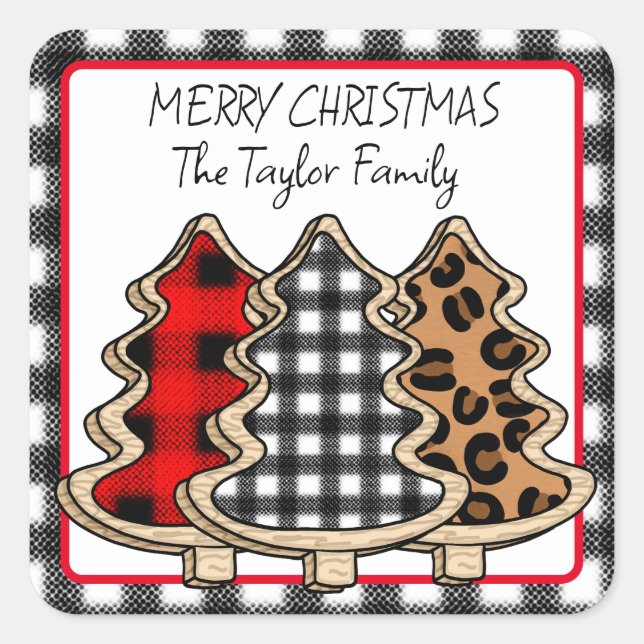 Personalised Buffalo Plaid Christmas Square Sticker (Front)