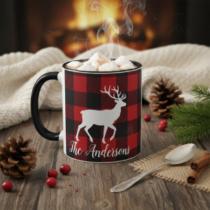 Personalised Buffalo Plaid Deer Family Name Mug Gi