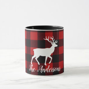 Personalised Buffalo Plaid Deer Family Name Mug Gi