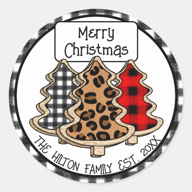 Personalised Buffalo Plaid Gingham Christmas Trees Classic Round Sticker (Front)