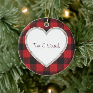 Personalised Buffalo Plaid Heart Rustic Ceramic Ornament