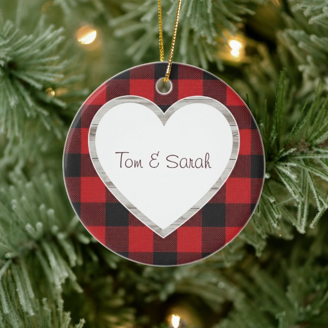 Personalised Buffalo Plaid Heart Rustic  Ceramic Ornament (Tree)