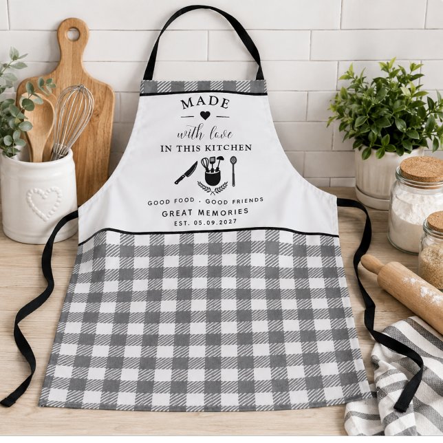 Personalised Buffalo Plaid Kitchen–Made with Love Apron (Creator Uploaded)