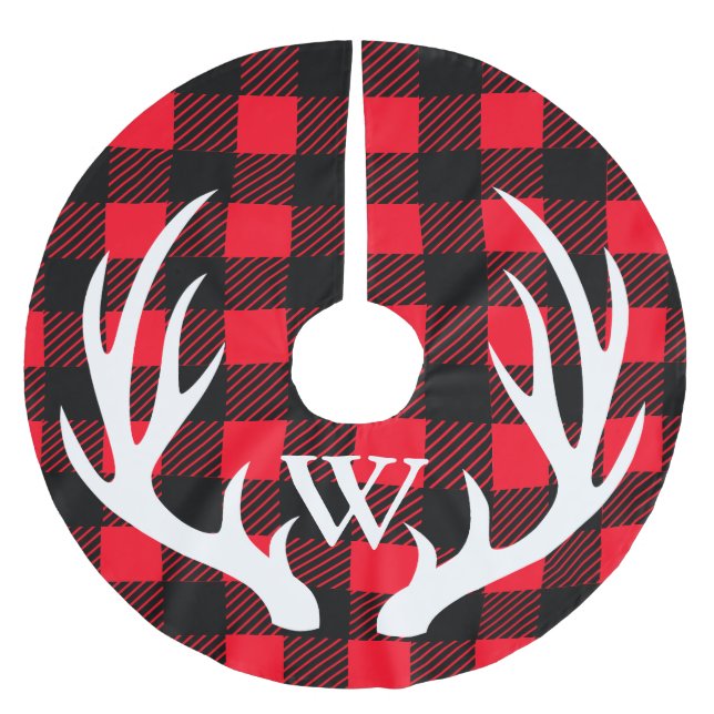 Personalised - Buffalo Plaid & White Deer Antlers Brushed Polyester Tree Skirt (Front)