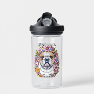 Personalised Bulldog and Whimsical Flowers Water Bottle