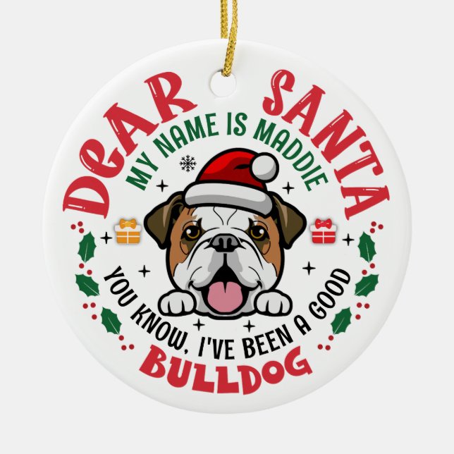 Personalised Bulldog Dog Christmas Tree Round Ceramic Ornament (Front)