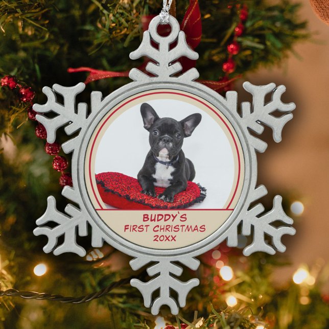 Personalised Bulldog Puppy 1st Christmas Pet Photo Snowflake Pewter Christmas Ornament (Creator Uploaded)