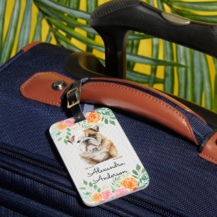 Personalised Bulldog Puppy Floral Luggage Tag