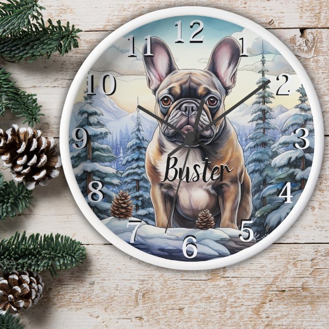 Personalised Bulldog Winter Wall Clock (Wooden Frame)