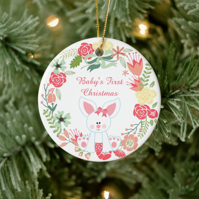 Personalised Bunny and Wreath Baby's 1st Christmas Ceramic Ornament (Tree)