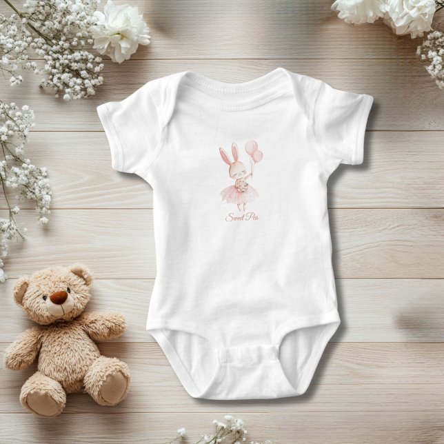 Personalised Bunny Ballerina Pink Floral Baby Girl Baby Bodysuit (Pink Bunny Ballerina with Pink Flowers and Balloons Baby Body Suit for Baby Girl. Personalized.)