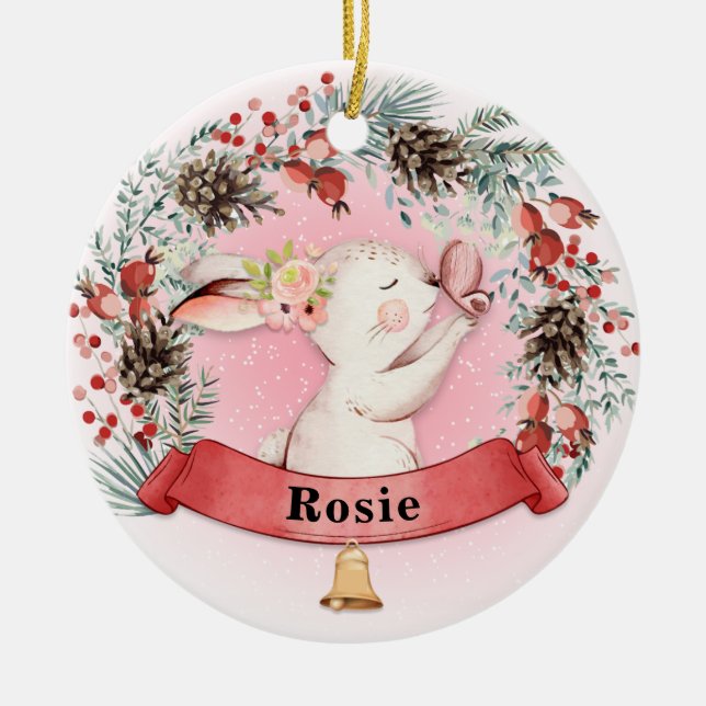 Personalised Bunny Christmas Floral Wreath Ceramic Ornament (Front)