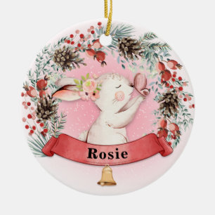 Personalised Bunny Christmas Floral Wreath Ceramic Ornament