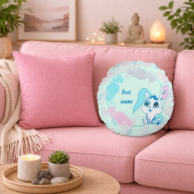 Personalised Bunny  Cute Blue Kawaii Round Cushion (Creator Uploaded)