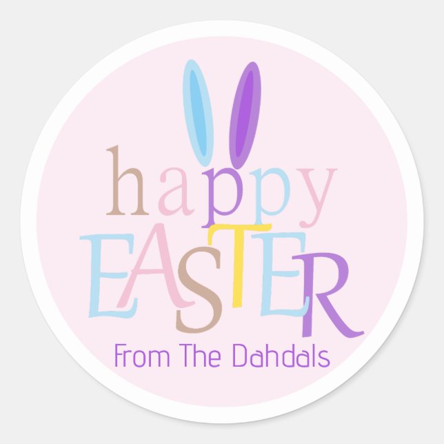 Personalised Bunny Ears Happy Easter Pastel Pink Classic Round Sticker (Front)