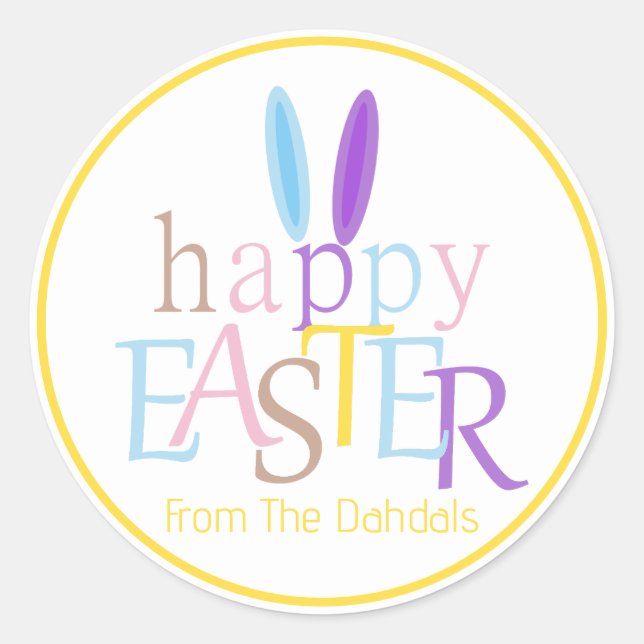 Personalised Bunny Happy Easter Dandelion Yellow Classic Round Sticker (Front)