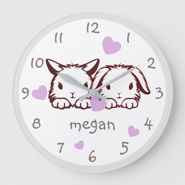Personalised Bunny Purple Heart Nursery Wall Clock (Front)
