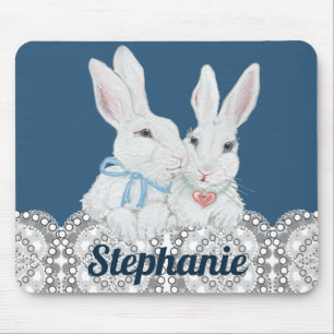 Personalised Bunny Rabbit Blue and White Lace Cute Mouse Pad