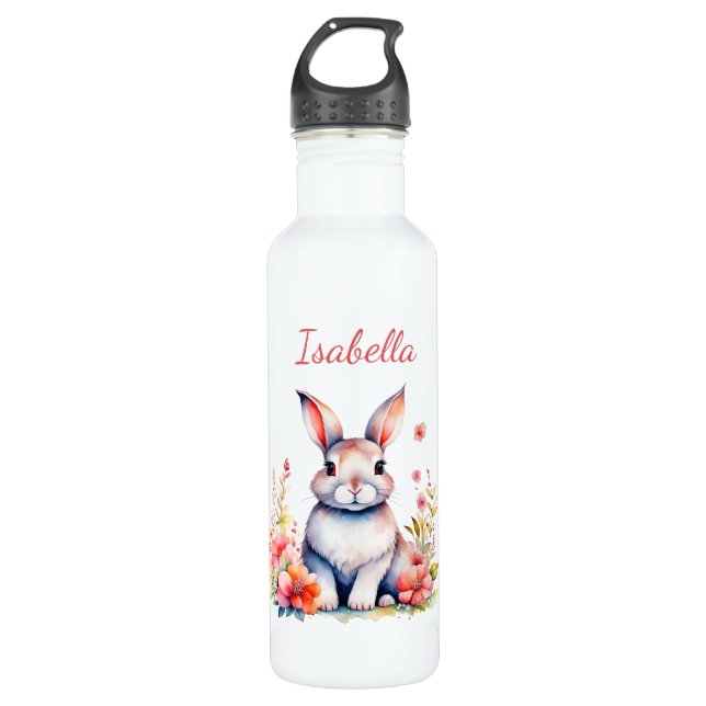 Personalised Bunny Rabbit in Pink Flowers 710 Ml Water Bottle (Front)