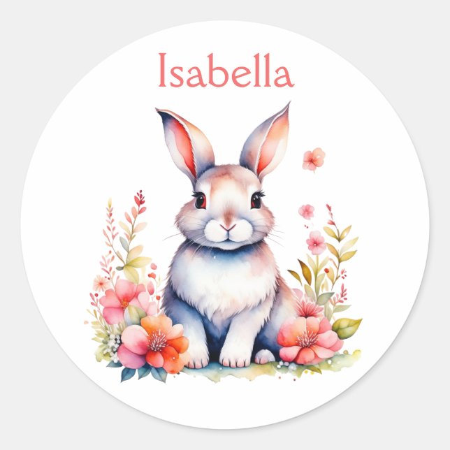Personalised Bunny Rabbit in Pink Flowers Classic Round Sticker (Front)