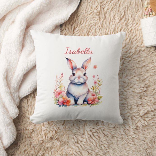 Personalised Bunny Rabbit in Pink Flowers Cushion (Blanket)
