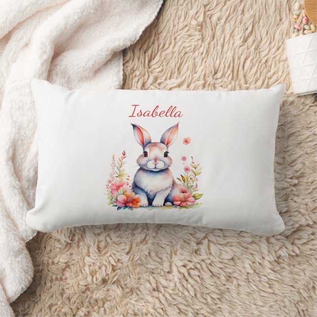 Personalised Bunny Rabbit in Pink Flowers Lumbar Cushion (Blanket)