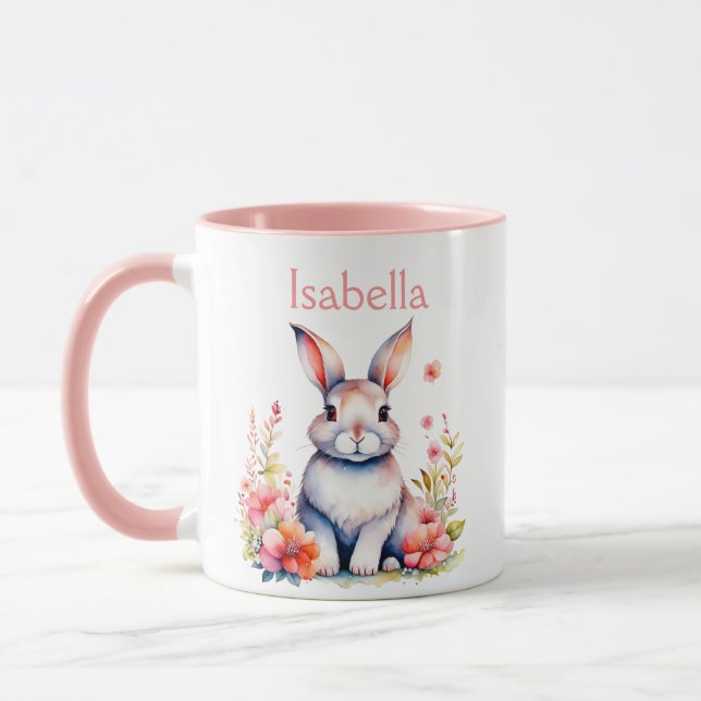 Personalised Bunny Rabbit in Pink Flowers Mug (Left)