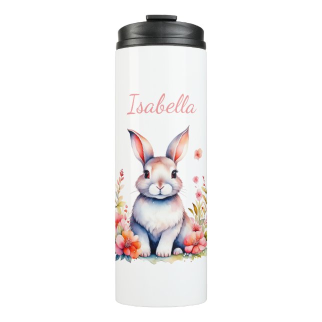 Personalised Bunny Rabbit in Pink Flowers Thermal Tumbler (Front)