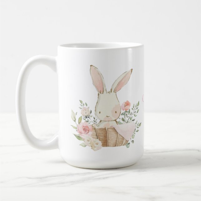 Personalised Bunny Rabbit Pastel Flowers Coffee Mug (Left)