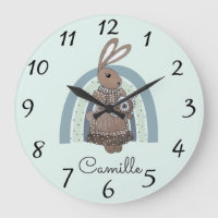 Personalised Bunny Rainbow Blue Nursery Large Cloc