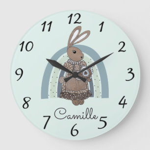 Personalised Bunny Rainbow Blue Nursery Large Cloc Large Clock