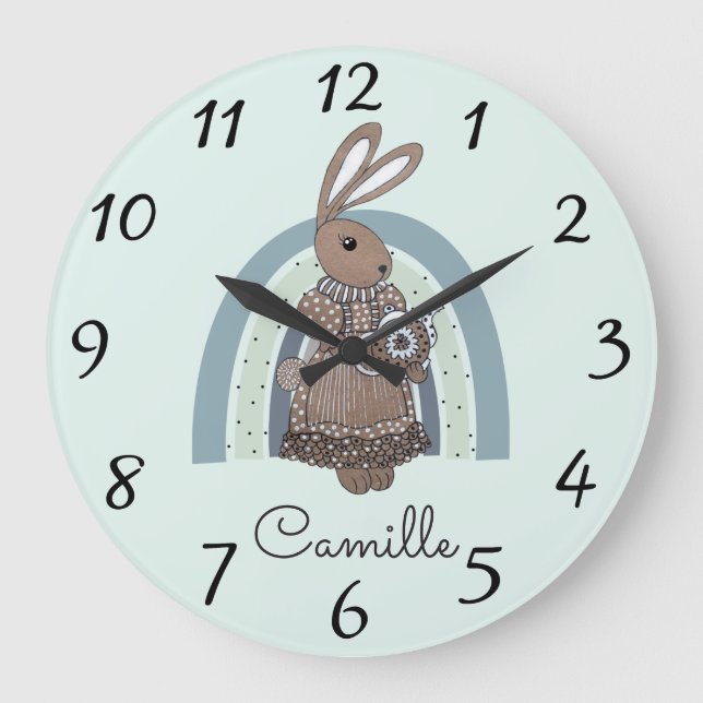 Personalised Bunny Rainbow Blue Nursery Large Cloc Large Clock (Front)