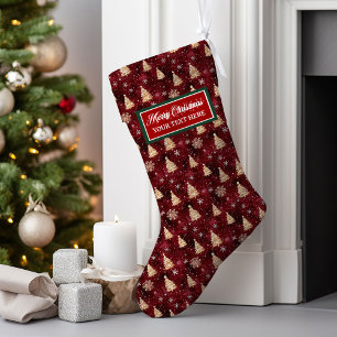 Personalised Burgundy and Gold Christmas Trees Large Christmas Stocking