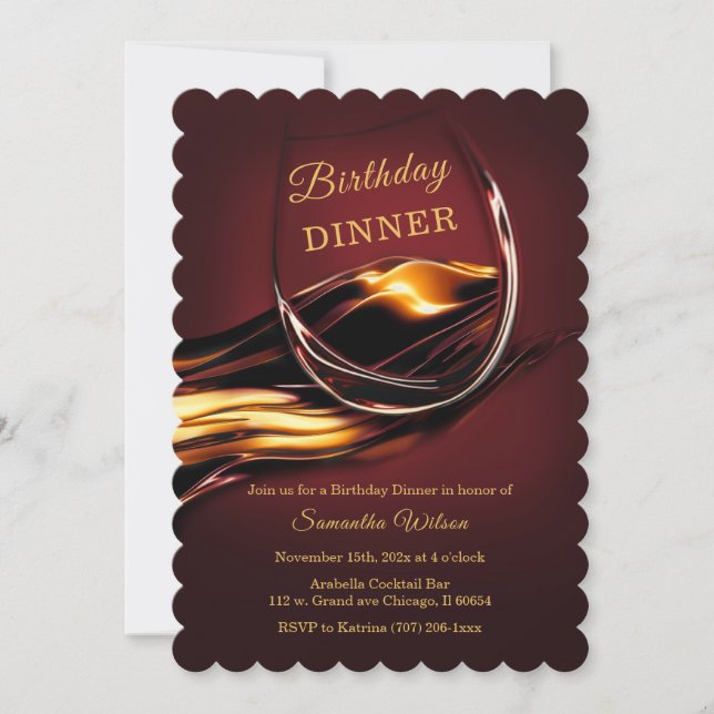 Personalised  Burgundy and Gold Dinner Birthday Invitation (Front)