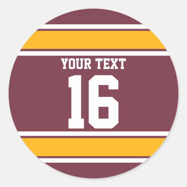 Personalised Burgundy and Gold Sport Stripes Classic Round Sticker (Front)