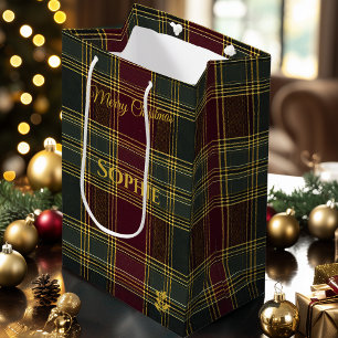 Personalised Burgundy and Green Plaid Christmas Medium Gift Bag