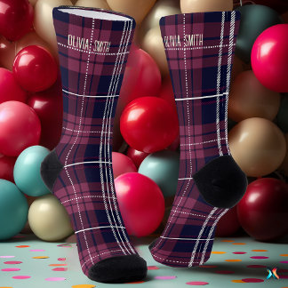 Personalised Burgundy and Navy Tartan Plaid Custom Socks