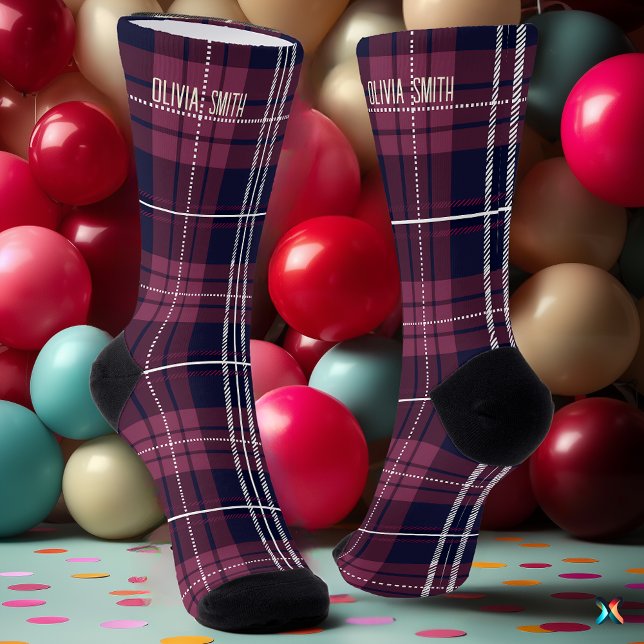 Personalised Burgundy and Navy Tartan Plaid Custom Socks (Creator Uploaded)