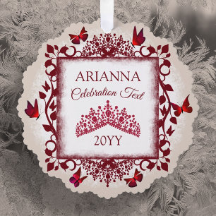 Personalised Burgundy & Beige Butterflies & Tiara Tree Decoration Card