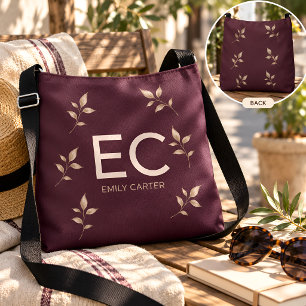 Personalised Burgundy Botanical Monogram Crossbody Bag