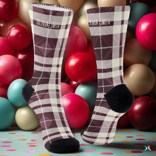 Personalised Burgundy & Cream Tartan Plaid Custom Socks